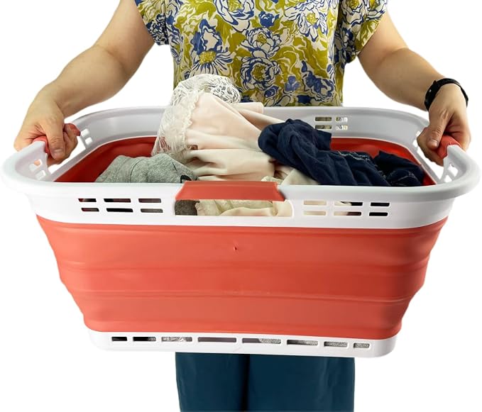 SAMMART Set of 2 Collapsible Plastic Storage Basket - Foldable Pop Up Storage Container - Portable Laundry Organizer - Space Saving Hamper (White/Blush Red, 42L (Style A)) - Image 4