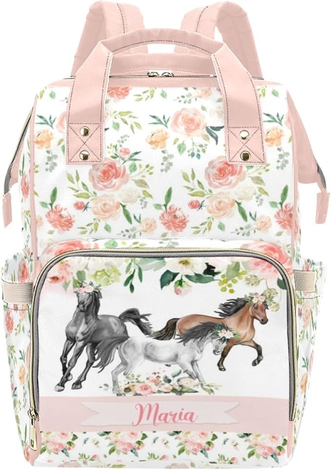Personalized Cute Diaper Bag Backpack with Name Customized Floral Horse Mommy Bags for Moms with Muti Pockets Custom Portable Nappy Bag Travel Backpack with Large Capacity for Women by Noverbibi