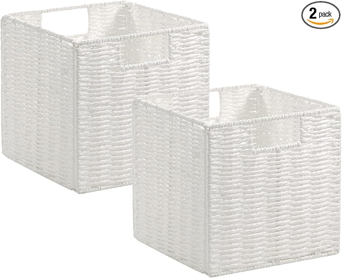 Wicker Storage Basket, Set of 2 Hand-Woven Wicker Baskets for Organizing, Foldable Cube Storage Basket Bins, 13 Inch Large Wicker Storage Baskets for Shelves & Decor, White (13''x13''x13'') by Vagusicc