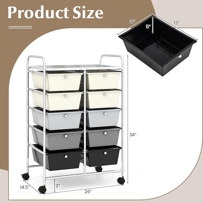 RELAX4LIFE Rolling Storage Cart with 10 Drawers - Craft Storage Cart with Lockable Wheels,Utility Cart, Art Cart Organizer for Crafting Storage, Studio, Office, Home, School Rolling Drawer Cart - Image 3