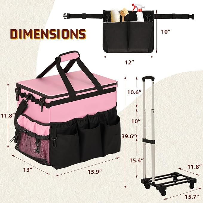 Large Rolling Cleaning Caddy with Cleaning Caddy Apron, Pink | Cleaning Caddy Bag with Detachable Trolley, Handles and Shoulder Strap, Cleaning Supplies Organizer for Cleaners Housekeepers - Image 7