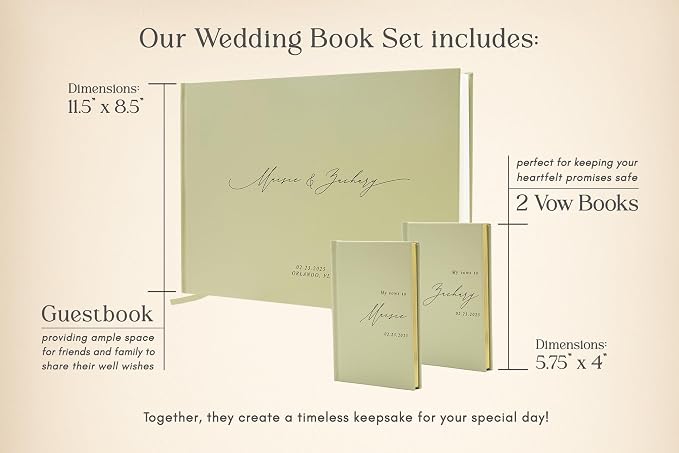 Personalized Wedding Book Set with Guestbook Vow Books (Design 1) - Custom Large 11.5 x 8.5 Guest Signin Book, 5.75 x 4 Vow Books for Marriage Ceremony Reception, Gift for Newly Engaged Couple, Sage - Image 2