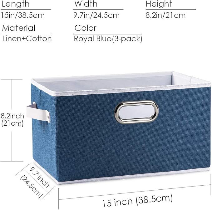 Large Collapsible Storage Baskets for Closet [3-pack] Decorative Fabric Storage Bins Cubes with Leather/Metal Handles for Shelves Bedroom Living Room Royal Blue (14.9x9.8x8.3 Inch) - Image 6