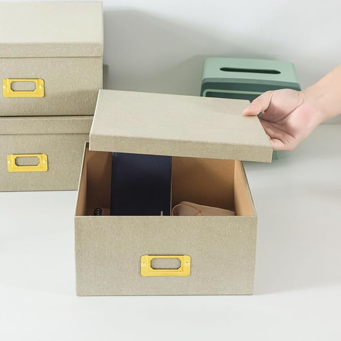 Soul & Lane - Light Gray Decorative Storage Boxes with Lids, Set of 3 | Square Stacking Kraft Photo Storage with Gold Label Holders, Nesting Cardboard Memory Boxes for Home Decor and Organizing - Image 7