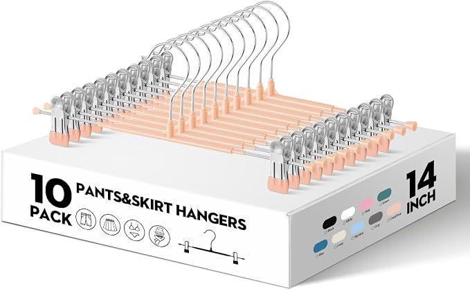 14 Inch Pants Hangers with Clips 10 Pack Skirt Hangers,Coral Pink | Non-Slip,Adjustable metal wide clips,Space-Saving,Heavy duty, for pants/skirt/dress/trousers/jeans/shorts/leggings,Women - Image 2