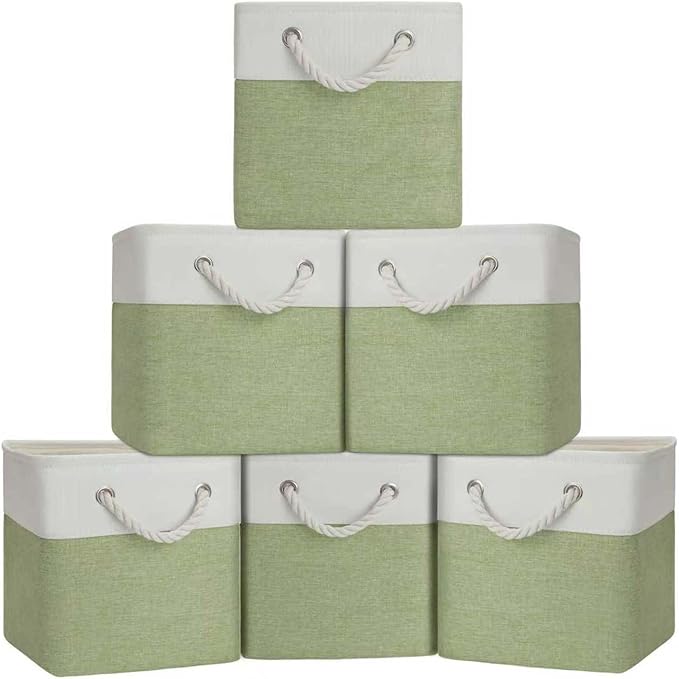Cube Storage Bins, Collapsible Fabric Storage Cubes Bins, 11 Inch Cube Storage Bins with Handles, Foldable Storage Cubes (White/Green, 6Pack) by BOFUGA