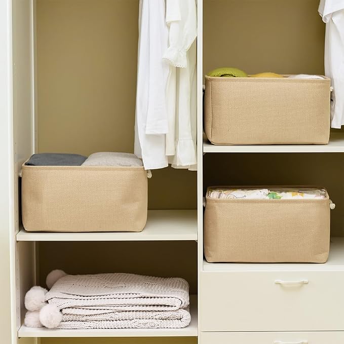 Organization and Storage Bin for Shelves - Large 3 Pack 16x12x8 inch Storage Basket for Organizing, Canves Storage Cubes for Organizer Toy Closet Cloth Gift (Beige) - Image 2