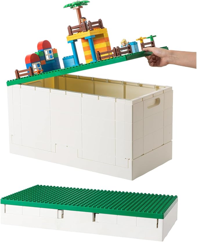 53 Qt. Folding Storage Box with Large Building Lid for Lego Duplo Blocks, 13 Gallon Collapsible Organizer for Lego Bricks (Dark Green) by SHIMOYAMA