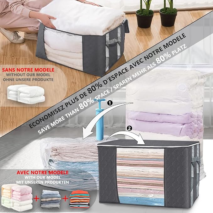 VOUNOT Set of 7 Clothes Storage Bag with Large Capacity Vacuum Bag 3 Foldabale EDENOO Storage bag with Reinforced Handle 3 Vacuum Bags with Hand Pump for Bedding and Clothes. - Image 4