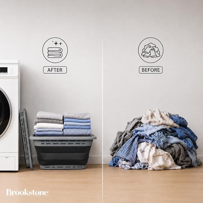 BROOKSTONE 11 GALLON XL 24" Collapsible Laundry Basket & Clothes Hamper, Comfort Non-Slip Handles, Modern Laundry Hamper with Space Saving Design, Portable Pop-Up Hamper, BPA FREE, Grey, 1 Pack - Image 3