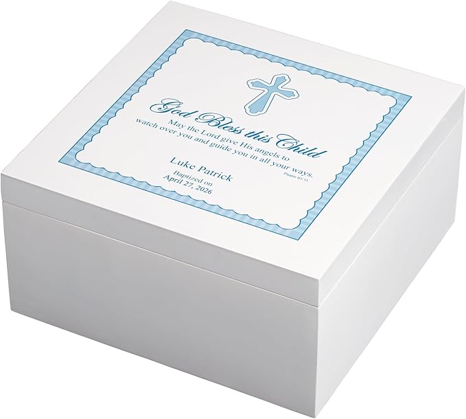 Let's Make Memories Personalized Keepsake Box for Blessed Child - Memories Box - Baptism - Confirmation - Memento Storage - For Boys - 6" Hx12 Sq - God Bless - Blue - Image 2