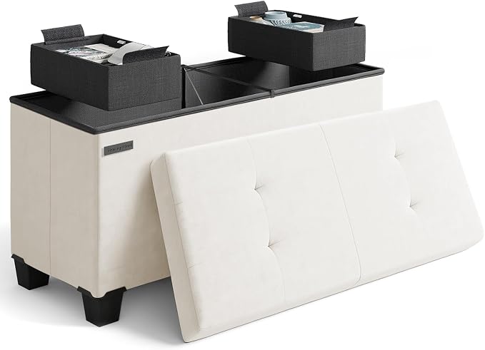 Storage Ottoman Bench with Bins, 30-in Storage Bench for Bedroom End of Bed, Folding Foot Rest Ottoman for Living Room Max 660lbs, Velvet Ottomans, Cream by STORAGEBUD