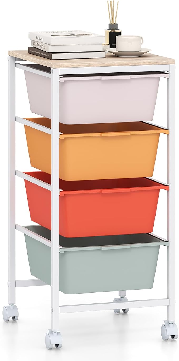 GOFLAME 4-Drawer Rolling Storage Cart, Craft Storage Cart with Wooden Tabletop and Lockable Wheels, Art Cart Supply Storage Organizer with Metal Frame for Home Office Classroom, Macaron Color by GOFLAME