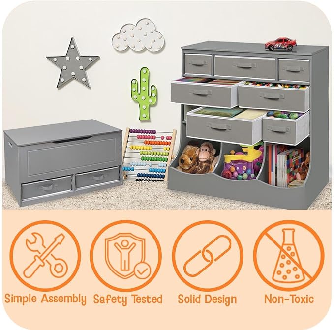 Badger Basket Combo Bin Toy Storage Unit and Book Shelf for Kids with 3 Baskets - Charcoal | Kids storage organizer with 3 removable baskets, open shelves, and top display surface for toys and books - Image 3
