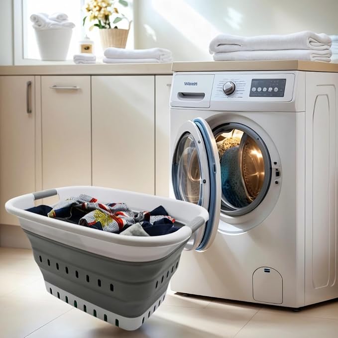 SAMMART 37L (9.77 gallon) Collapsible Plastic Laundry Basket - Foldable Pop Up Storage Container/Organizer - Portable Washing Tub - Space Saving Hamper/Basket (2, White/Grey) - Image 4