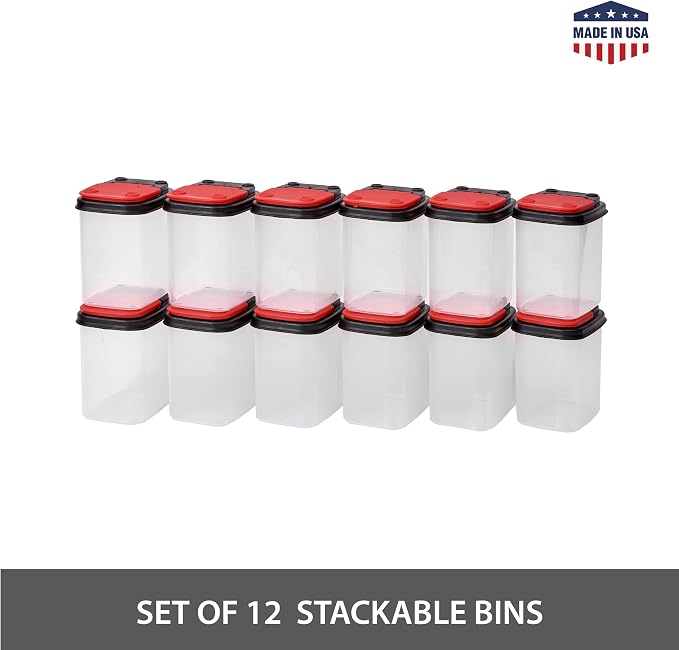 Buddeez Stackable Hardware Storage Bins, 1 Quart, 12-Pack, Red Lids | Clear bins for easy visibility, Stackable lids, Organizes nuts, bolts, screws and small parts, Workshop or garage storage - Image 2