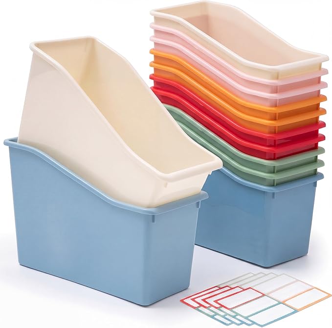 Geetery 12 Pcs Book Bin for Classroom with Labels Stackable Plastic Organizing Bins 11.5 x 5.4 x 7.5 in Book Holders Storage Bins Box Baskets for Classroom Library Home (Macaron Color) by Geetery