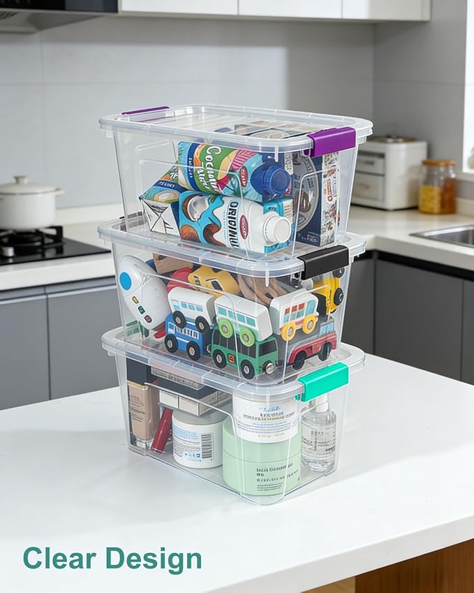 EOENVIVS Clear Storage Bins with Lids 6 Pack, 7 Qt Stackable Storage Containers with Buckle Lock, Durable Plastic Containers & Storage Box Organizer for Pantry, Bathroom, Closet & Office Use - Image 3