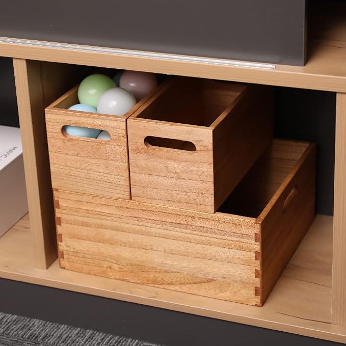 DDYURI Wooden Baskets for Clothes Storage and Shelf Organizing -Natural Wood Decorative Storage Boxes with Handles for Office Bookshelf and Closet- Cabinets Cube Bins Organizer Light (3TH-LT) - Image 4
