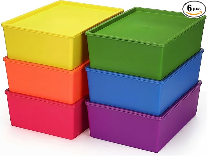6 Pcs Large Plastic Storage Bins with Lids, Colorful | 14.4 x 10.4 x 5.1 Inch, Stackable Storage Containers, Decorative Cubby Organizer for Clothes Shelves Garage Closet Office by Menkxi