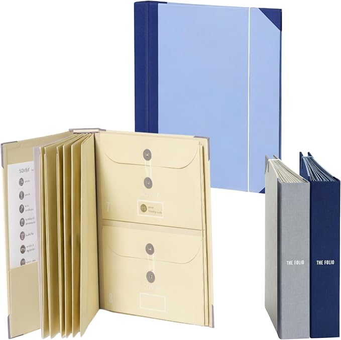 The Folio® Important Document Organizer by Savor | Binder with Guided Labels, Acid-Free File Folder Organizer with 10 Pockets, Document Holder for Home Records, Legal and Medical Papers (Slate/Blue) by Savor