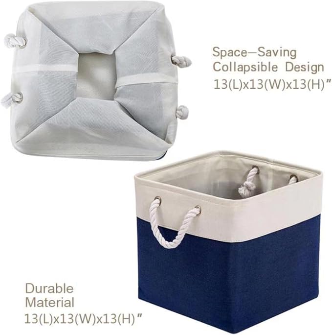 DECOMOMO Cube Storage Bin 13x13 with rope handles, Kallax Storage Cubes | 3 Pack, Fabric Storage Bins for Organizing Clothes, Toys, Books (Navy Blue & White) - Image 4