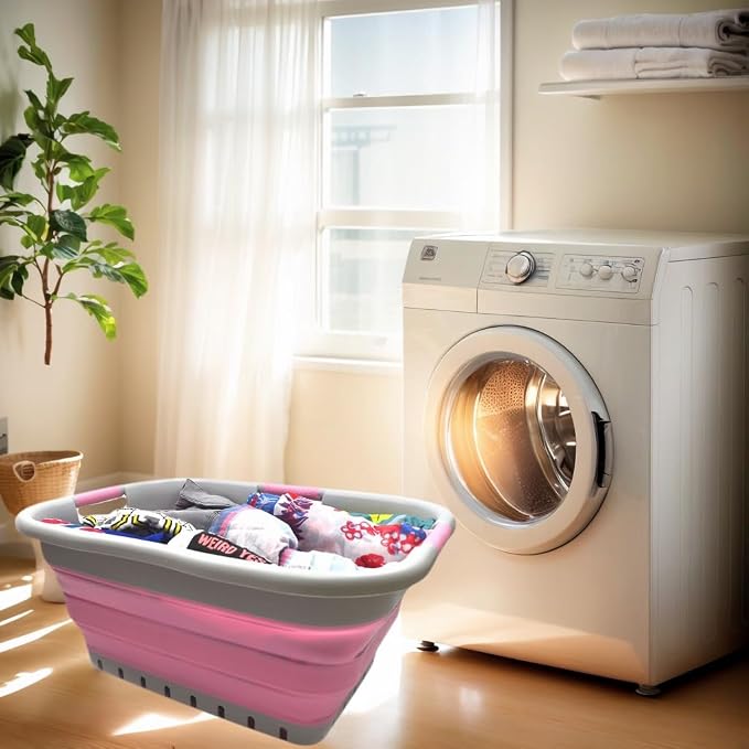 SAMMART 41L (10.8 gallon) Set of 2 Collapsible 3 Handled Plastic Laundry Basket-Foldable Pop Up Storage Container/Organizer-Space Saving Hamper/Basket (2, Grey/Pink) - Image 3