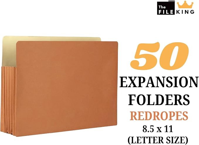 The File King 5.25" Expanding Accordion File Folder, Letter Size, Box of 50 | Red Rope Exterior | Manila Interior | Straight-Cut Tab | For Law, Accounting & Business Filing | Made in USA - Image 2
