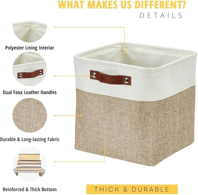 DECOMOMO Cube Storage Bin 11x11, Fabric Storage Bins | 4 Pack, Storage Baskets for Shelves, Kallax Storage Cubes (Beige & White) - Image 3
