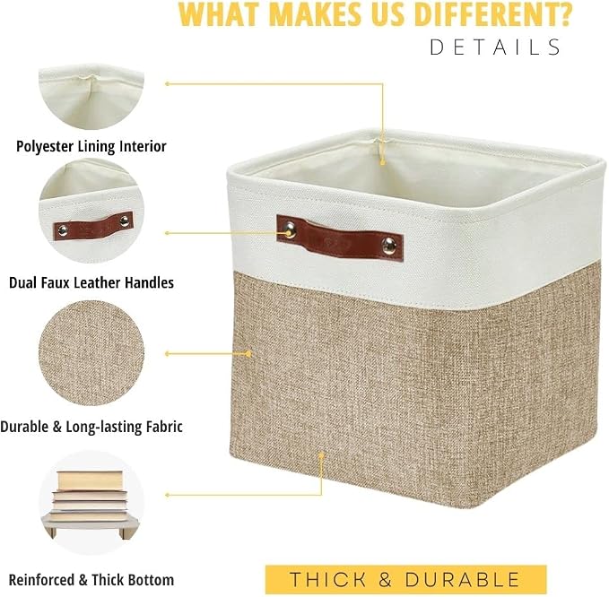 DECOMOMO Cube Storage Bin 12x12, Fabric Storage Bins | 4 Pack, Storage Baskets for Shelves, Kallax Storage Cubes (Beige & White) - Image 3