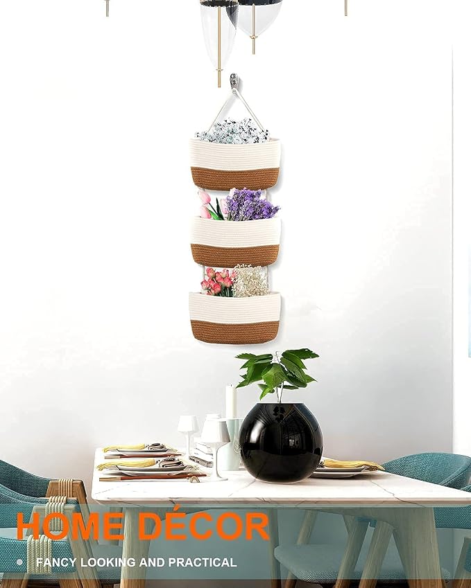Over the Door Organizer, Honizer Wall Hanging Storage Basket, 3-Tier Cotton Rope Woven Hanging Baskets for Organizing, Nursery, Bedroom, Bathroom, Living Room- Jute&White (3 Hooks included) - Image 9