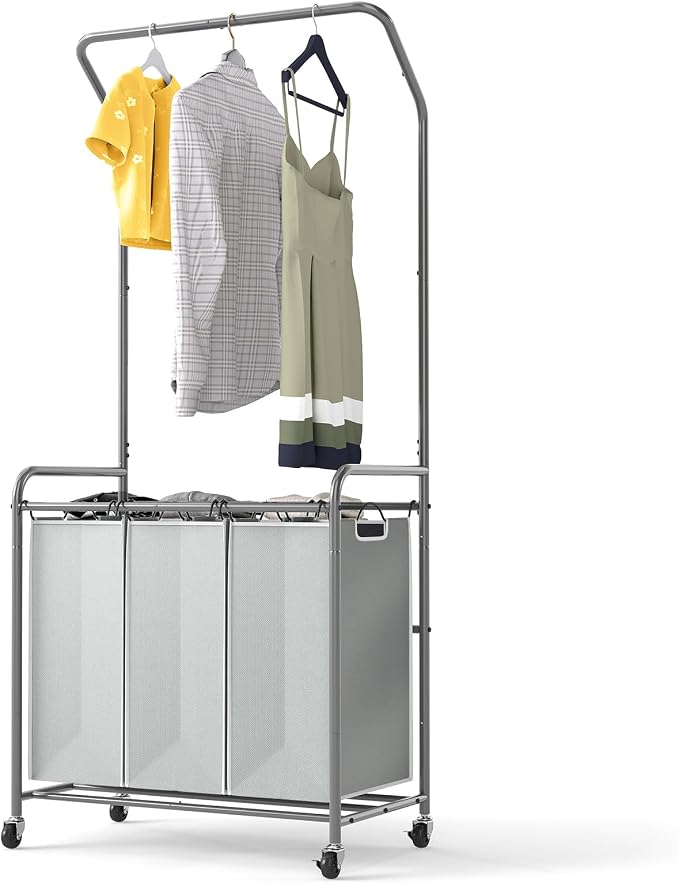 ROMOON Rolling Laundry Basket Organizer with Hanging Clothes Rack: 3 Section Laundry Hamper Sorter with Hanging Bar and Heavy-duty Lockable Wheels - Clothes Rack with Laundry baskets, 2025 Upgrade by ROMOON