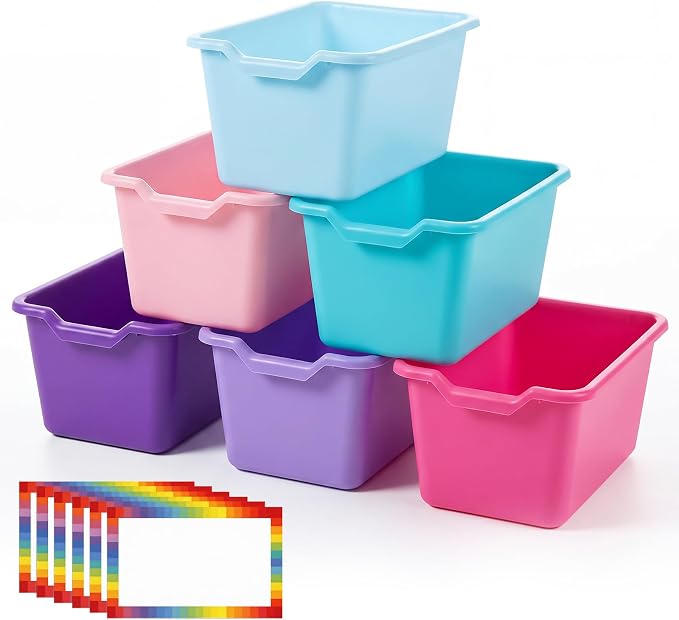 Funrous 6 Pack Plastic Cubby Bins for Classroom, Stackable Storage Bins with Rainbow Labels and Handles Cubby Organizer Containers for Teacher Supplies Home Office Daycare and Playroom (Purple Pastel) by Funrous
