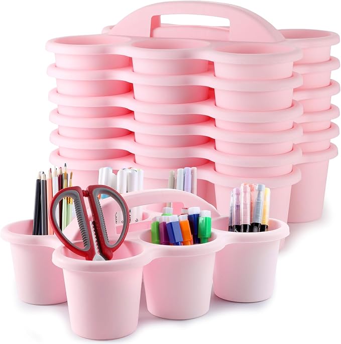 gisgfim 6 Pack Classroom Caddy Organizer with Handle, 6 Compartments, Pink | Stackable Plastic Table Caddies, 12x9x3.5 In, caddy Organizer for School Supplies, Crayons, Pencils, Crafts and Drink Cups by gisgfim
