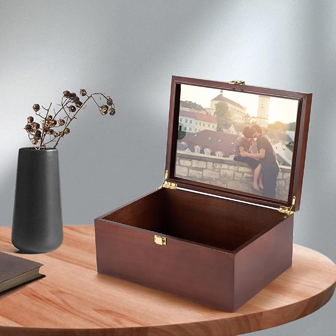 Larger Wooden Memory Keepsake Box with Hinged Lid & 8x10 Photo Frame Inside Lid – Decorative Storage Box With a Hinge Lids for Pictures, Letters & Time Capsule – Wooden Gift Box, 5.3” x 8.6” x 11.7” - Image 7