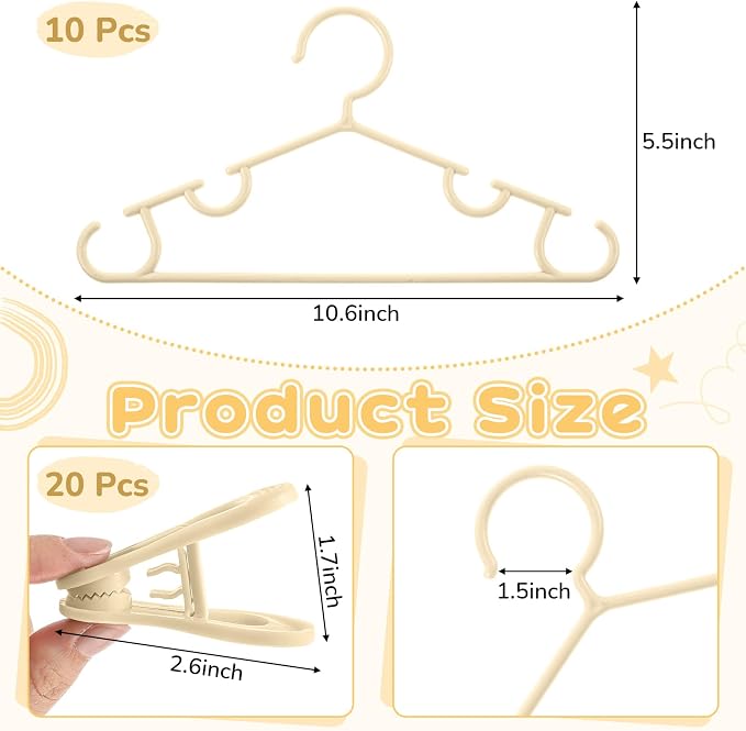 Hsei Baby Hanger with Clip for Pant,30 Packs Total,Yellow,10.6 Inch | 10 Kids Plastic Hanger with 20 Clips for Newborn, Nursery, Daycare, Preschool, Closet, Wardrobe Organizer for Baby Shower - Image 2
