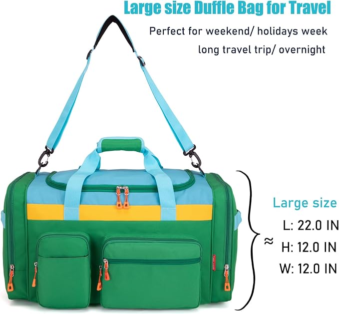 Large Kids Duffle Bag for Travel, Overnight or Weekend, Green Y | Roomy Size: 22.0"L x 12.0" H x 12.0"W, Made of Thick Polyester Fabric - Image 5