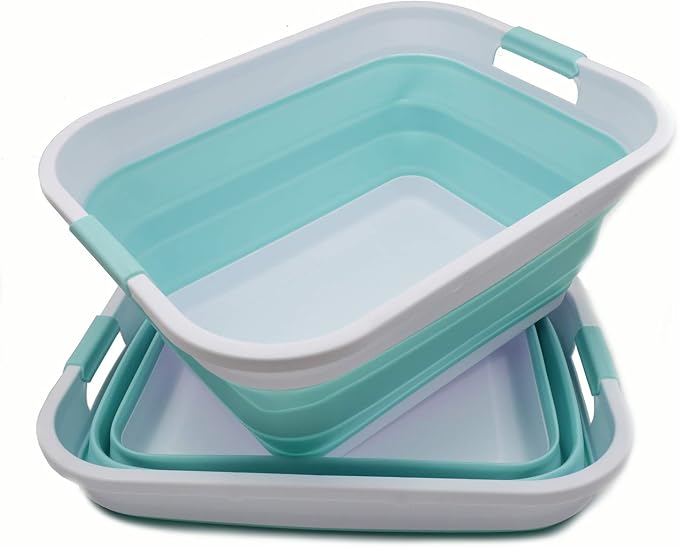 SAMMART 41L (10.8 gallon)Collapsible Plastic Laundry Basket-Foldable Pop Up Storage Container-Portable Washing Tub - Space Saving Hamper/Basket, Water capacity: 32L (8.4 gallon) (2, White/Lake Green) by SAMMART