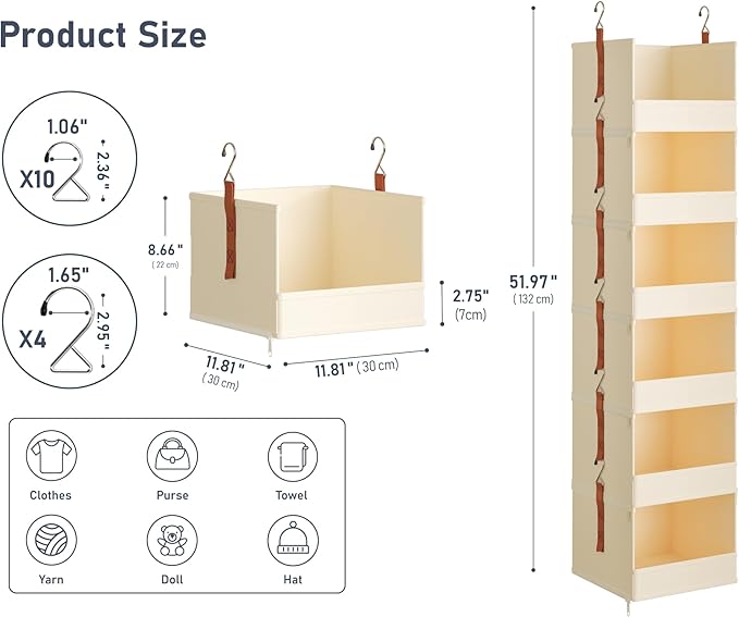 DIMJ Hanging Closet Organizer - 6-Tier Modular Hanging Shelves with Zippers Hooks, Collapsible Baskets for RV, Dorm, Small Spaces, Fabric Storage Bins for Clothes, Handbags - Image 2