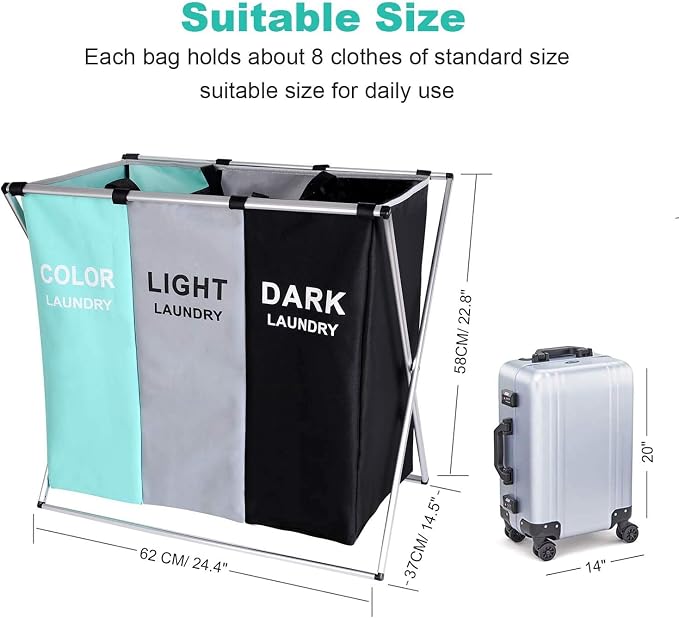 135L Laundry Cloth Hamper Sorter Basket Bin Foldable 3 Sections with Aluminum Frame 26''×24''H Washing Storage Dirty Clothes Bag for Bathroom Bedroom Home Storage basket (3 Liner, Green+grey+black) - Image 6