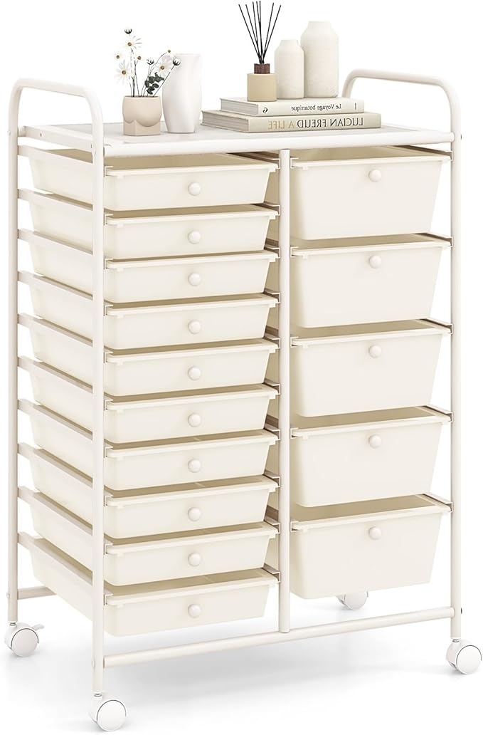 RELAX4LIFE 15-Drawer Storage Drawer Carts - Mobile Rolling Utility Cart w/Wheels, Craft Organizer for Classroom Organization and Storage, School, Office, Home, Storage Organizer Cart (White) by RELAX4LIFE
