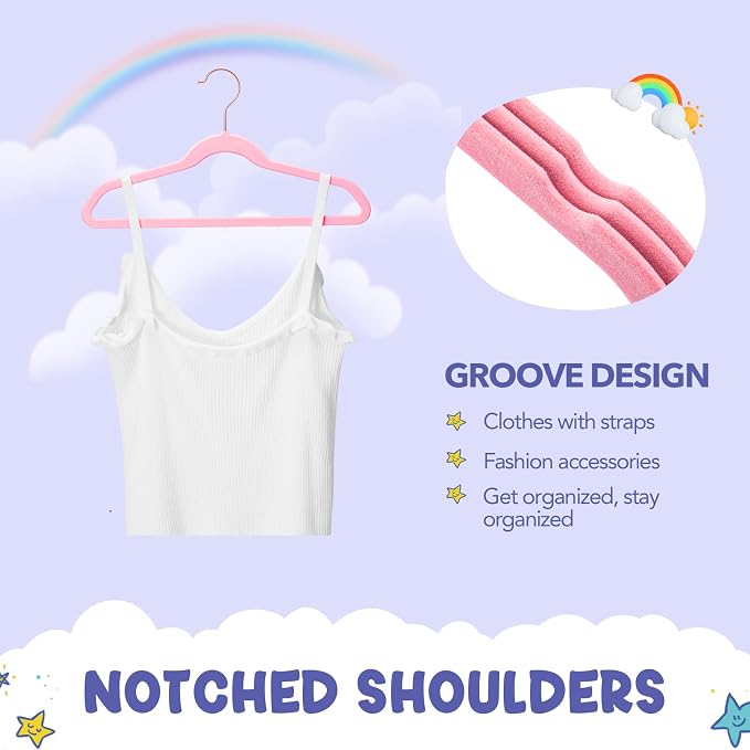 HOUSE DAY Velvet Kids Hangers 60 Pack, Premium Childrens Hangers for Closet | Blush Pink Ultra Thin Cute Clothes Hanger, Non Slip Small Felt Hanger 14 Inch for Kids Clothes +360° Swivel Rose Gold Hook - Image 6