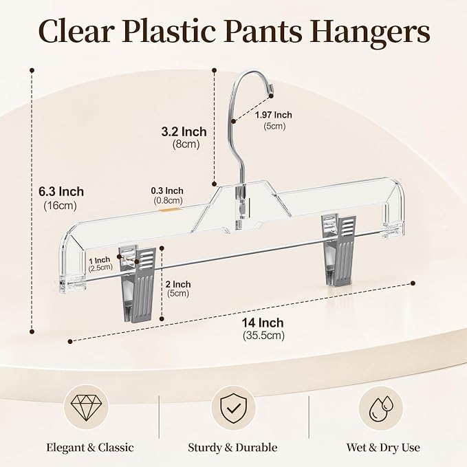 14" Clear Pants Hangers with Clips 50 Pack, Plastic Skirts Hangers | Slim Space Saving, Adjustable Clips Hangers with 360° Swivel Hook & Non-Slip Pad for Adults and Kids, Pants, Shirt, Jeans - Image 2