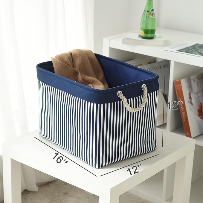 TcaFmac Organization and Storage Basket for Shelves - Large 2 Pack 16x12x12 inch Fabric Storage Cubes, Collapsible Storage Bins for Gift Closet Cloth Toy Books Kids (Navy Patchwork) - Image 6