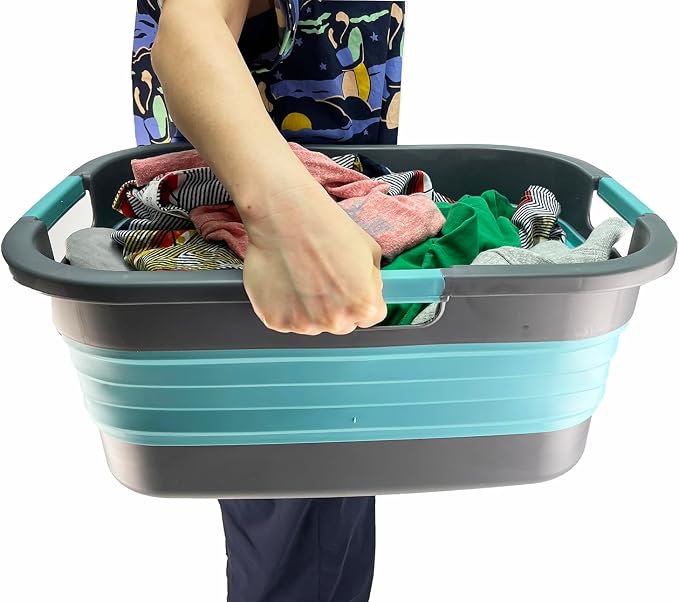 SAMMART 30L (7.9 gallon) Collapsible Plastic Laundry Basket - Foldable Pop Up Storage Container/Organizer - Portable Washing Tub - Space Saving Hamper/Basket (1, Grey/Crystal Blue) - Image 8