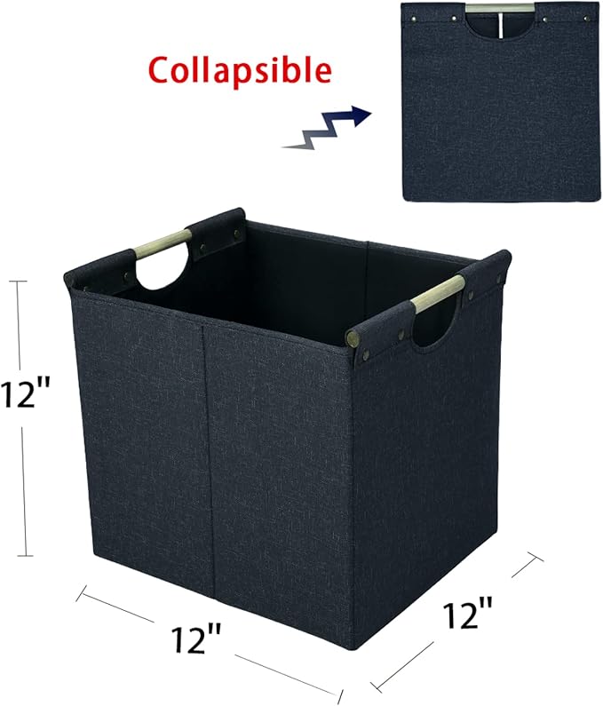 HOONEX Collapsible Storage Bins, 12x12x12in Storage Cubes Linen Fabric, 3 Pack, Storage Baskets with Wooden Carry Handles and Sturdy Heavy Cardboard, for Home, Office, Car, Nursery, Dark Grey - Image 5