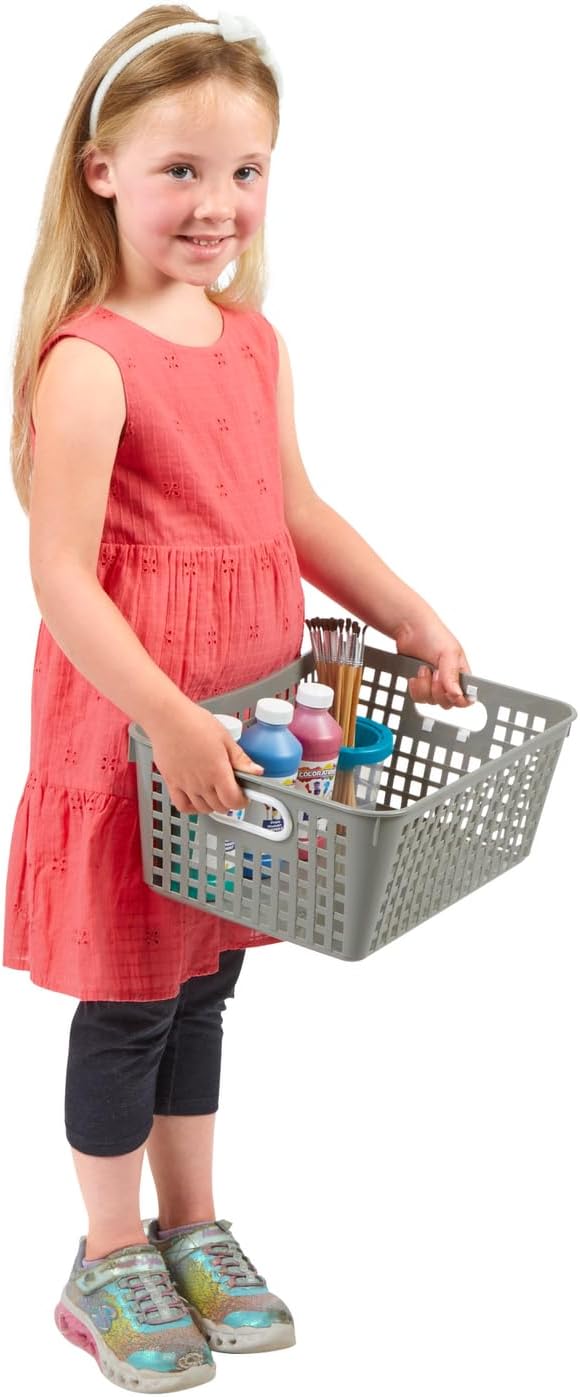 Really Good Stuff - 160016PE Multi-Purpose Plastic Storage Baskets for Classroom or Home Use - Stackable Mesh Plastic Baskets with Grip Handles 13" x 10" (Pebble - Set of 12) | Pebble, Classroom Library Organizer, Storage, Multi-Purpose Organizer Basket - Image 5