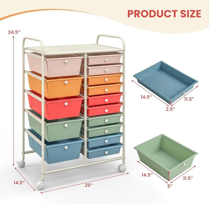 15 Drawer Rolling Storage Cart, Rolling Cart with Drawers for Classroom, Art Supply Craft Organizer on Wheel with Metal Frame & Handles for Home Office School - Image 3