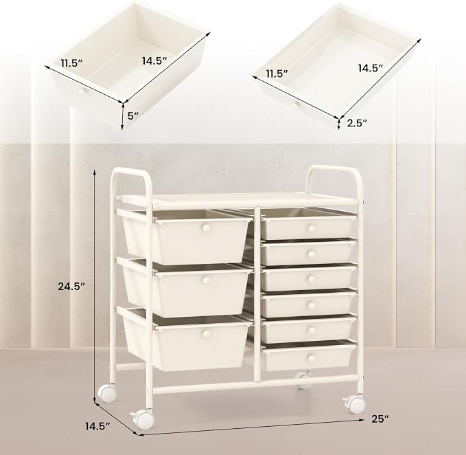 RELAX4LIFE 9 Drawer Rolling Storage Cart - Mobile Drawer Carts for Craft Art Supply Paper Salon, Utility Cart on Wheels for Classroom Teacher School Office, Rolling Cart with Drawers (Ivory White) - Image 3