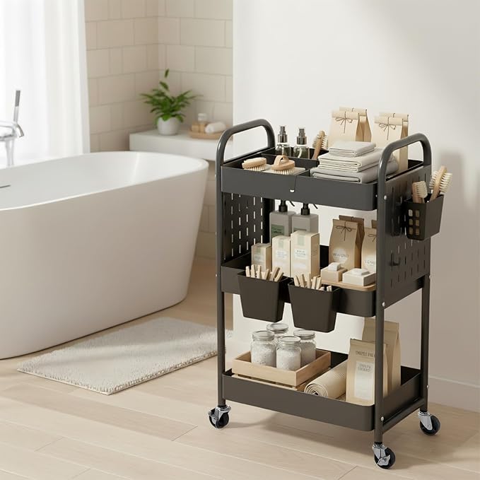 danpinera Craft Cart, Black Rolling Cart with Retractable Dividers & DIY Pegboards for Kitchen, Bedroom, Laundry - Image 7